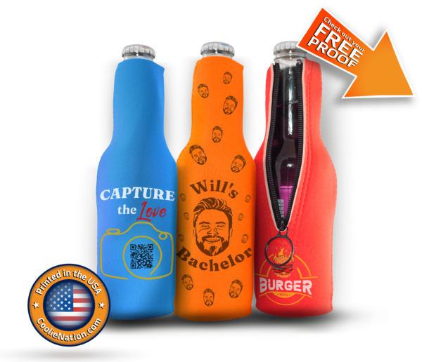 three custom zipper neoprene koozies to promote business and parties