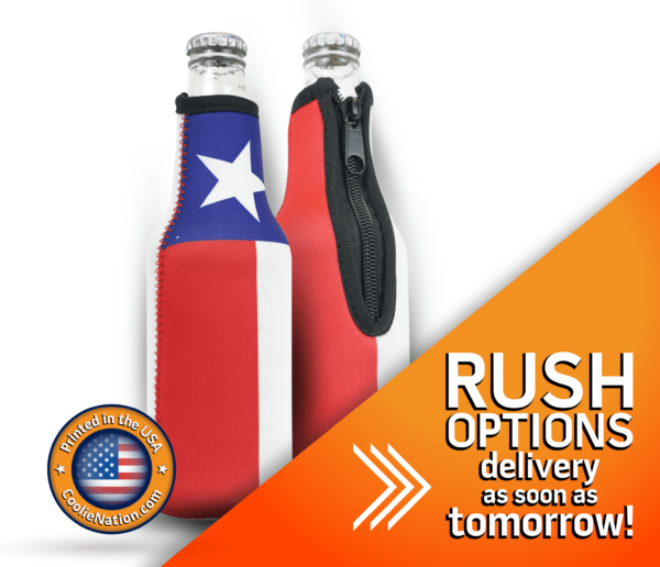 bottle koozies with zipper and full color Texas design to keep drinks cool