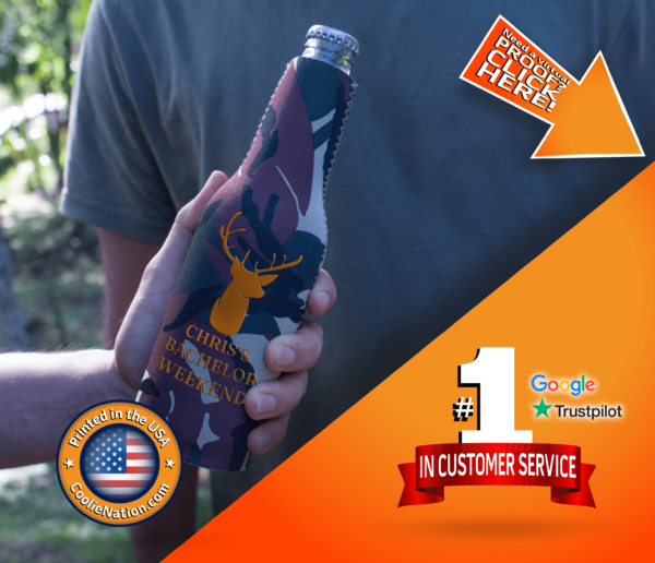 custom neoprene bottle koozies with zipper and camo bachelor design