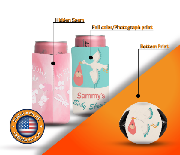 Set of three 8-ounce slim koozies for mini beers, hidden stitching, foam material, and a printed bottom for a personalized touch