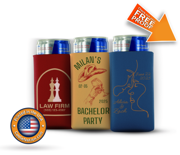 three-pack of koozies designed for 8-ounce slim mini beer cans, perfect for promote business brand, bachelor parties and weddings.