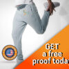 Man striking a pose with "Get a free proof today" text, promoting custom active wear.