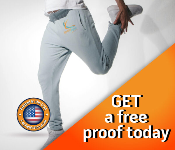 Man striking a pose with "Get a free proof today" text, promoting custom active wear.