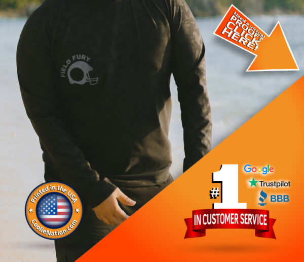 A man in a black shirt on the beach, promoting 1st order service with custom active wear in coolienation