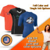 Custom sport wear shirt held by woman with 'ask me about my color options' message.