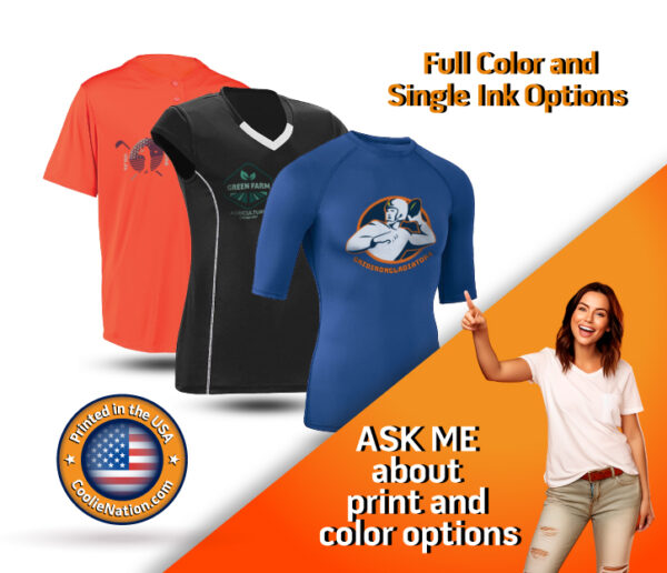 Custom sport wear shirt held by woman with 'ask me about my color options' message.