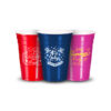 Set of three party cups in various colors, all featuring the same festive design