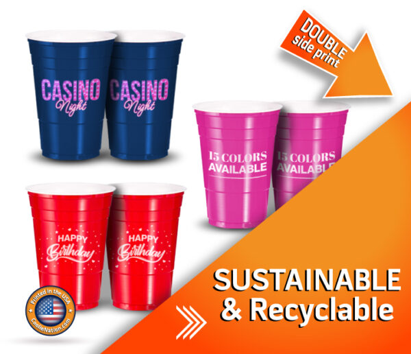 Reusable party cups designed to be environmentally friendly and recyclable.
