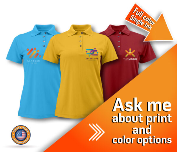 Three women's polo shirts with customizable print and color options for personalized uniforms.