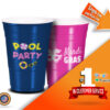 Two custom reusable party cups with 'pool party' and mardi gras written on them