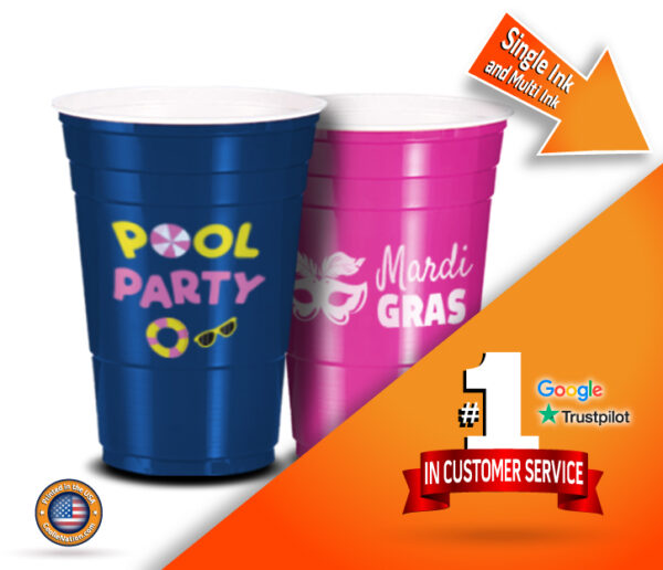 Two custom reusable party cups with 'pool party' and mardi gras written on them
