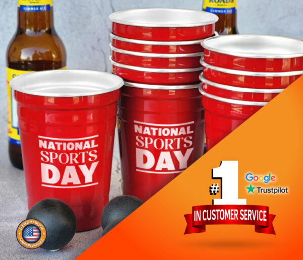National sports day cups with beer, snacks, and custom steel cup for parties.