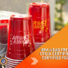 Custom reusable party cups with colorful designs and "Happy Birthday" written on them. Perfect for a festive celebration!