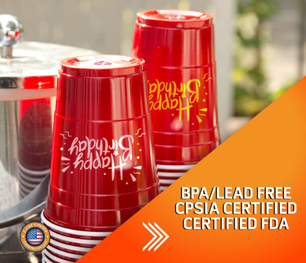 Custom reusable party cups with colorful designs and "Happy Birthday" written on them. Perfect for a festive celebration!