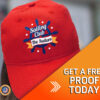 Woman in red hat with "Get a free proof today" - personalized hats uniforms