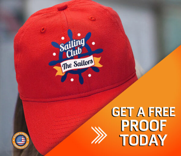 Woman in red hat with "Get a free proof today" - personalized hats uniforms