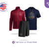 Custom CoolieNation activewear including a maroon Legacy jacket, a navy Steel Titans hoodie, and black Club 18 shorts. Full color and photo printing available.