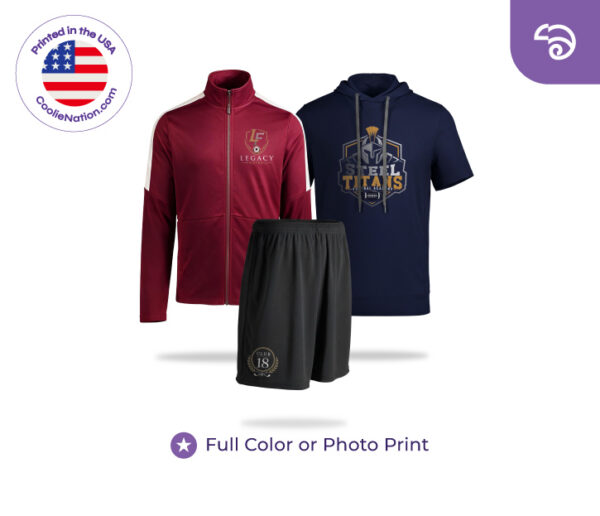 Custom CoolieNation activewear including a maroon Legacy jacket, a navy Steel Titans hoodie, and black Club 18 shorts. Full color and photo printing available.