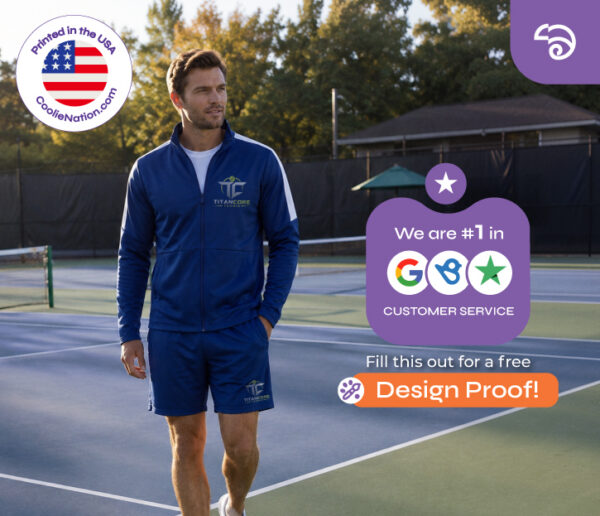 Man on a tennis court in a custom Titancore jacket and shorts. CoolieNation is rated #1 in Google customer service. Free design proof available.