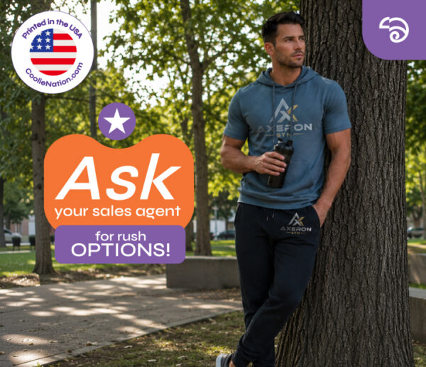 Man wearing a custom Axeron Gym hoodie and joggers outdoors. Ask your sales agent about rush options. Printed in the USA.