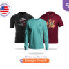 Custom printed activewear from CoolieNation: a black Pulse Eco Fitness shirt, a teal Colorado long sleeve, and a maroon Surf & Sip hoodie. Free design proof available.