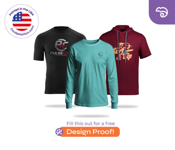 Custom printed activewear from CoolieNation: a black Pulse Eco Fitness shirt, a teal Colorado long sleeve, and a maroon Surf & Sip hoodie. Free design proof available.