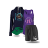 Purple shirt, hat, and shorts with logo, personalized women apparel