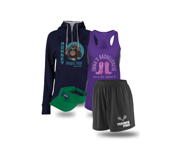 Purple shirt, hat, and shorts with logo, personalized women apparel