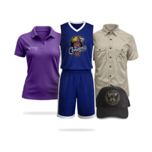 Custom CoolieNation uniforms including a purple Koava polo, a blue Condors basketball jersey and shorts, a tan Velora button-up shirt, and a black Brew Club cap.