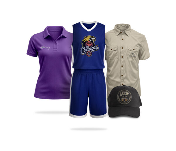 Custom CoolieNation uniforms including a purple Koava polo, a blue Condors basketball jersey and shorts, a tan Velora button-up shirt, and a black Brew Club cap.