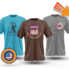 Three custom business themed t-shirts with the logos printed on them