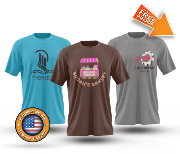 Three custom business themed t-shirts with the logos printed on them