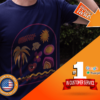 Man in custom t-shirt displaying palm trees and sun graphic