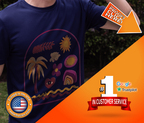 Man in custom t-shirt displaying palm trees and sun graphic