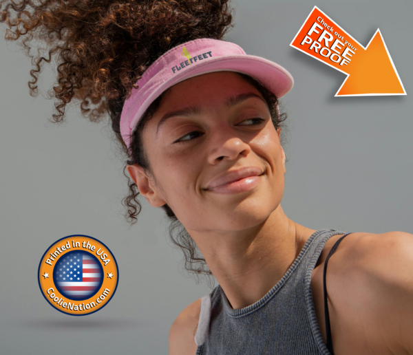 woman rocking a pink visor with an arrow pointing at it - perfect for personalized women's apparel