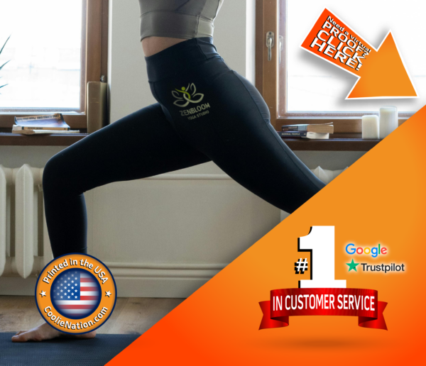 A woman in custom yoga pants doing a pose with the words customer service