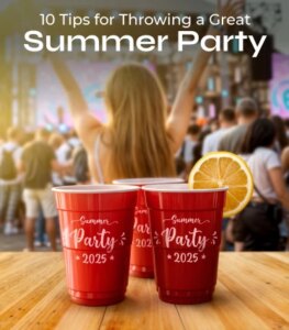 People enjoying their drinks from reusable solo cups with custom birthday themes