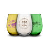 Personalized stemless wine glass with a custom design for business, birthday and weddings