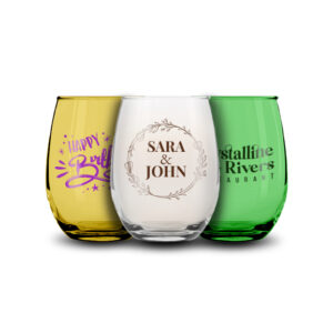 Personalized stemless wine glass with a custom design for business, birthday and weddings
