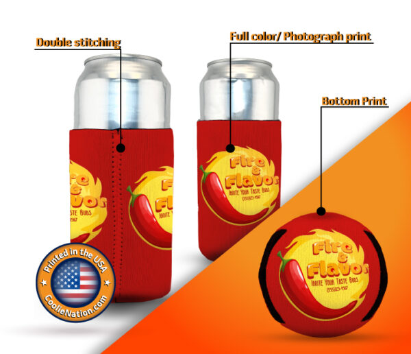 Custom 24oz neoprene koozie with restaurant logo and bottom print