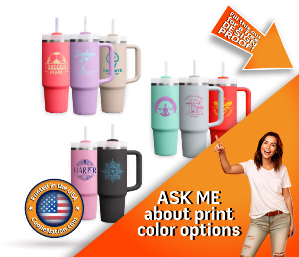 Custom 40oz tumbler with handle, different colors and prints on both sides