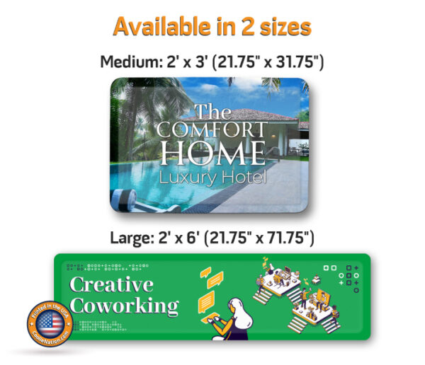 Durable custom anti-fatigue mats in two size options, perfect for business spaces.