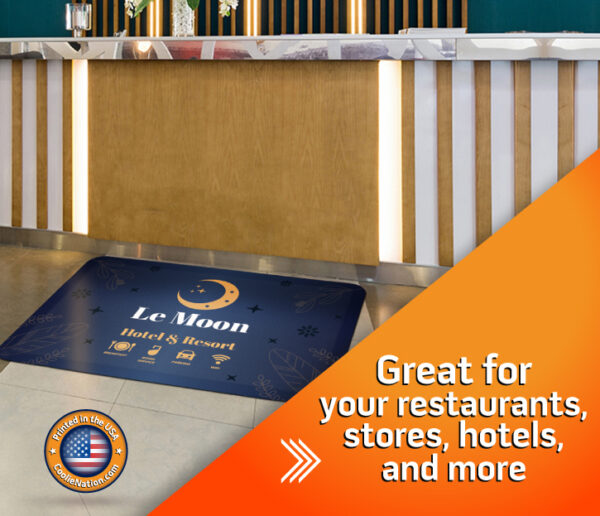 Custom diamond surface anti-fatigue mats positioned at the hotel reception desk for staff comfort.