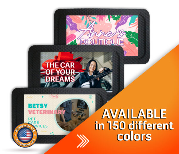 Set of three colorful anti-fatigue mats with diamond texture and personalized full-color prints.