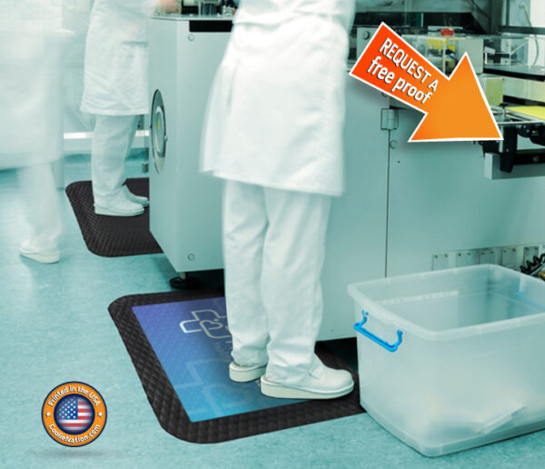Person in a lab standing on a custom diamond surface anti-fatigue mat