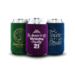 Sparkling custom glitter can koozie with personalized text