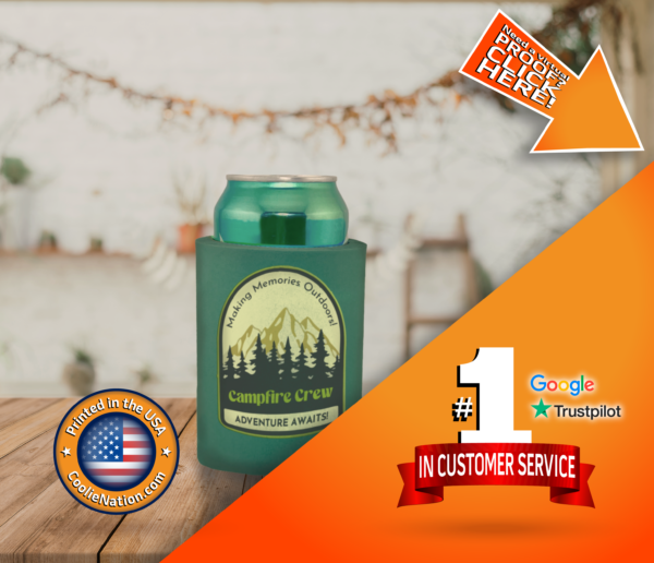 Hard foam multi-ink can koozies featuring a colorful camp-themed design