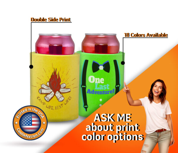 Hard foam can koozies with unique multi-ink graphics, highlighting camp and bachelorette themes.