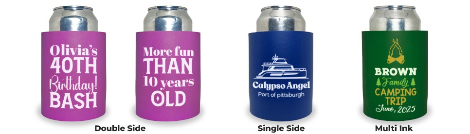 Custom hard foam can koozie featuring single ink print on double sides for full customization