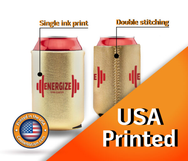 Metallic neoprene can koozie with a personalized business logo and detailed stitching